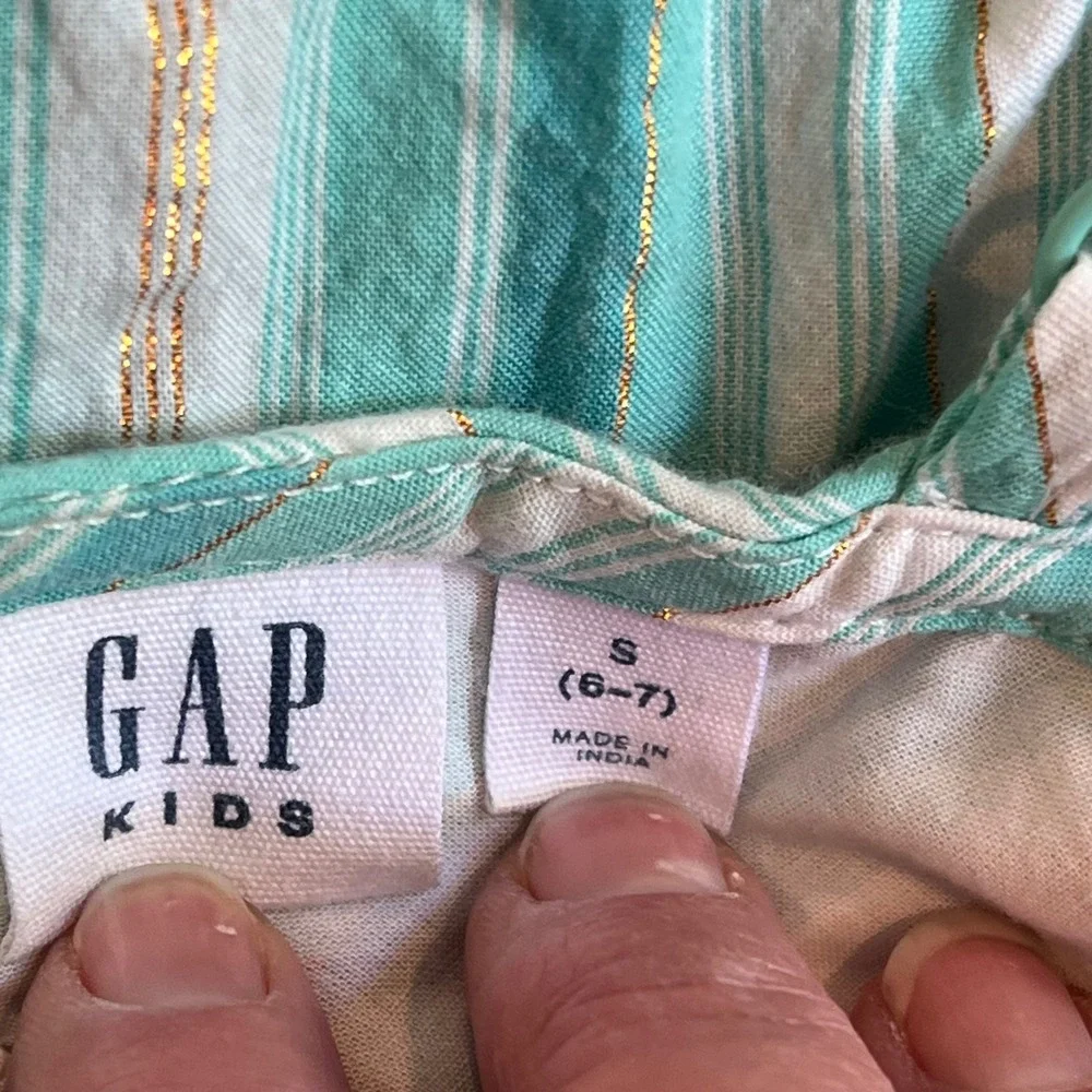 Gap‎ Kids Girls Turquoise Gold Metallic Striped Cross Back Tiered Dress S 6-7